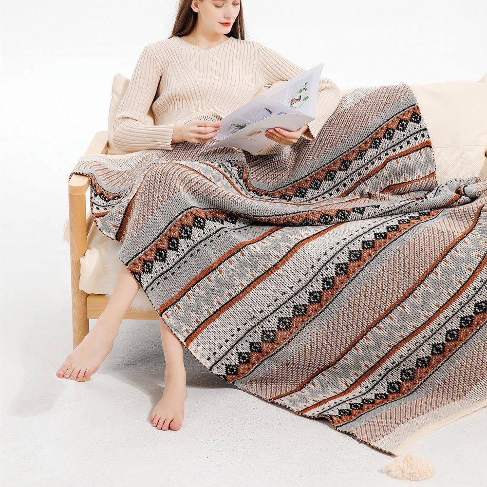 Bohemian Knitted Throw Blanket with Tassels