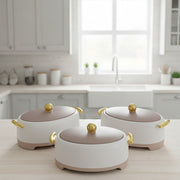Three-piece Gold insulated hotpots set with 2L, 2.5L, and 3L capacities for keeping food warm.