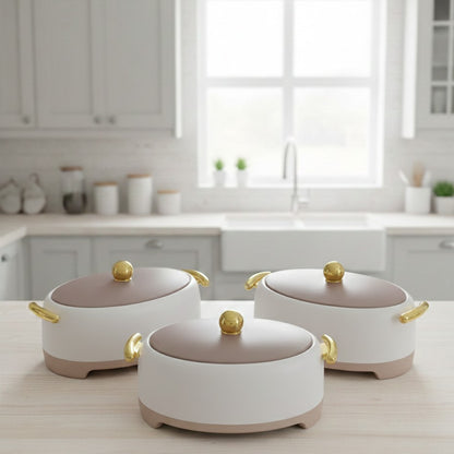 Three-piece Gold insulated hotpots set with 2L, 2.5L, and 3L capacities for keeping food warm.