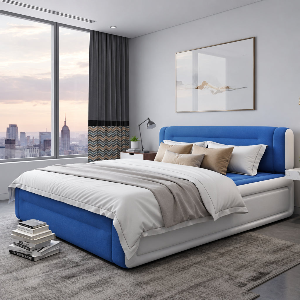 Large inflatable air bed with headrest and built-in rechargeable pump