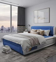 Large inflatable air bed with headrest and built-in rechargeable pump