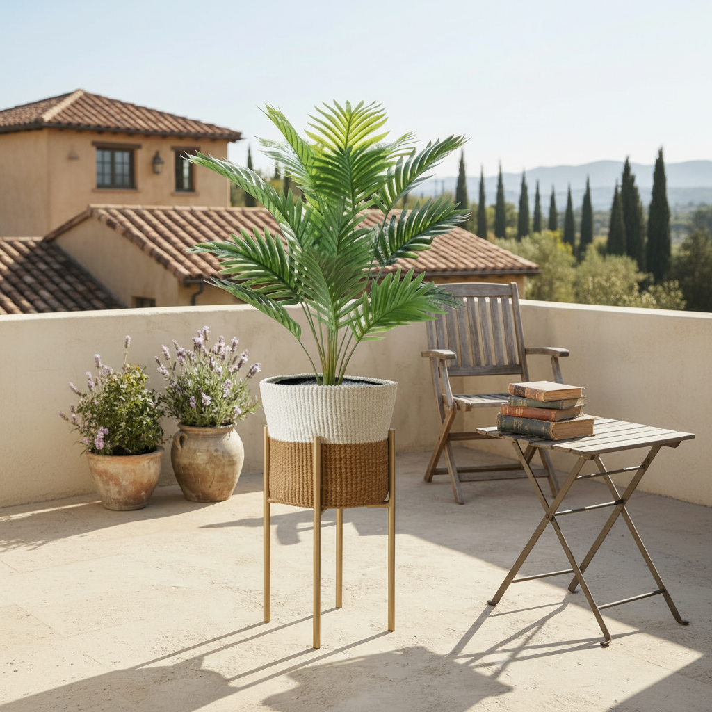 Artificial Palm Tree with Woven Basket, Metallic Stand, and Pebbles