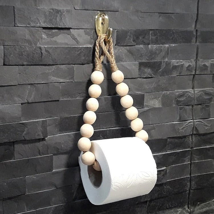 Hemp beaded rope-style tissue and hand towel holder with rustic decorative design