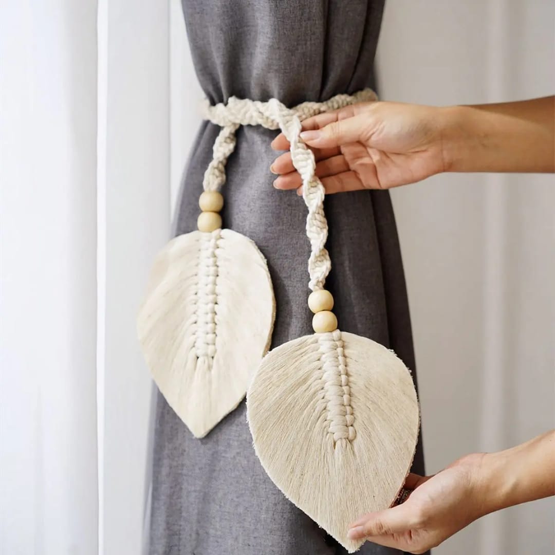 Handmade leaf-pattern lace curtains with straps for living room or bedroom