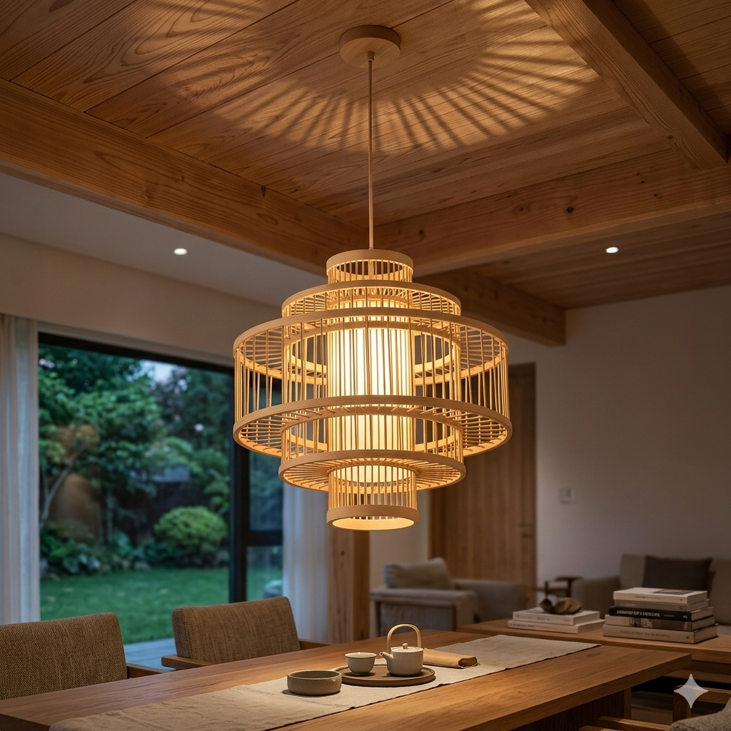 Large wood color bamboo pendant light with E27 holder, natural ceiling hanging lamp for modern interior décor