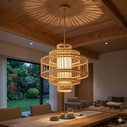 Large wood color bamboo pendant light with E27 holder, natural ceiling hanging lamp for modern interior décor