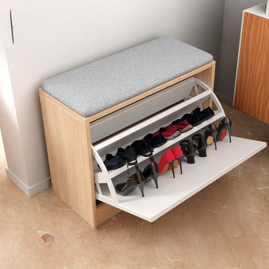 2-Tier Flip Drawer Shoe Cabinet With Cushioned Seat