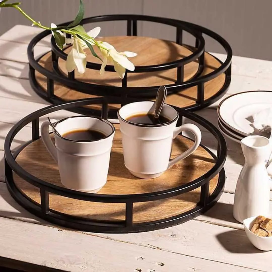 Acacia wood tray with steel sides