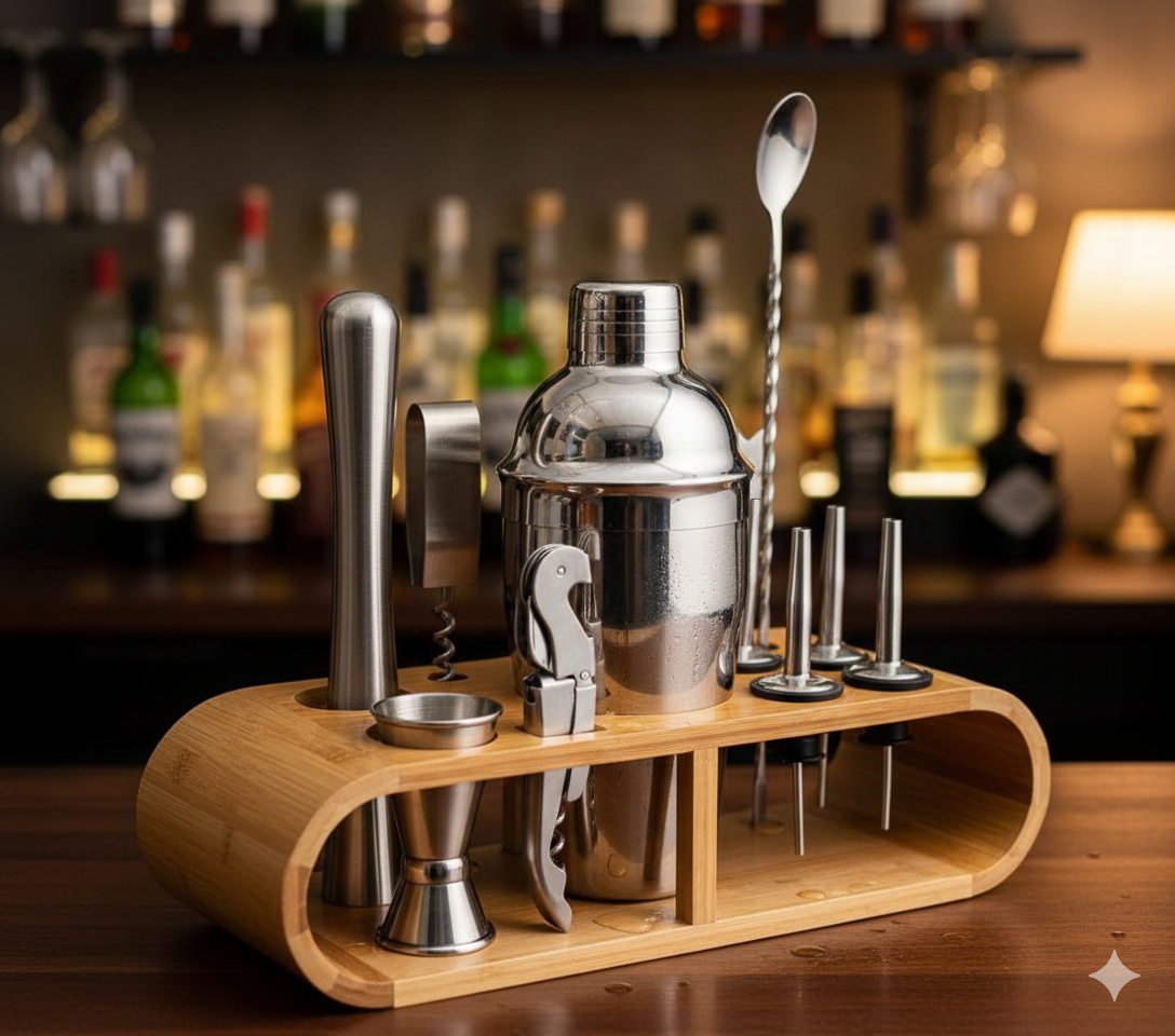 Complete 11 piece stainless steel cocktail shaker set with wooden display frame