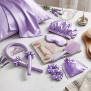 13-piece satin silk beauty sleep set designed for hair and skin care during sleep