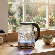 Ailyons FK-0311 automatic glass kettle with safety lock lid and illuminating light for boiling water.