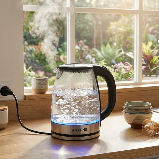 Ailyons FK-0311 automatic glass kettle with safety lock lid and illuminating light for boiling water.