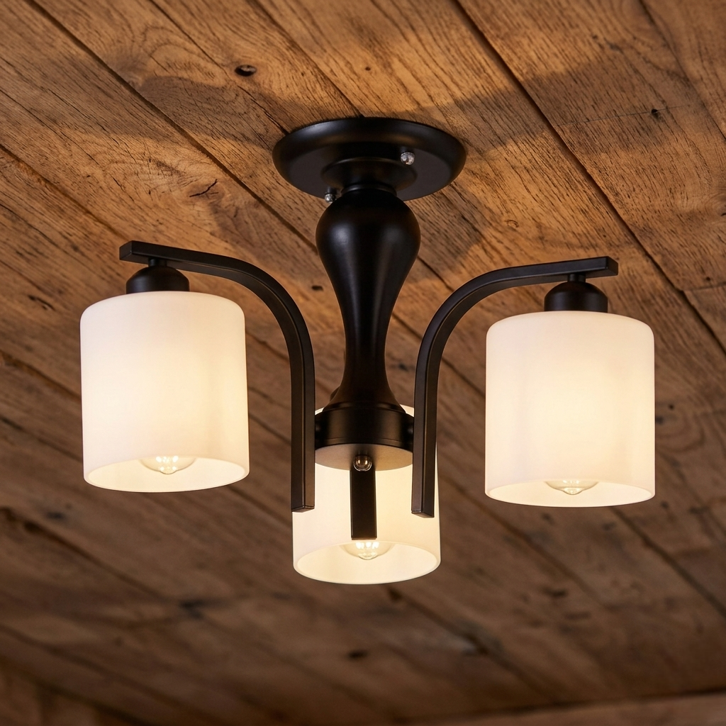 Vintage ceiling light with opal glass shade and black and white finish, E27 indoor decorative lighting fixture