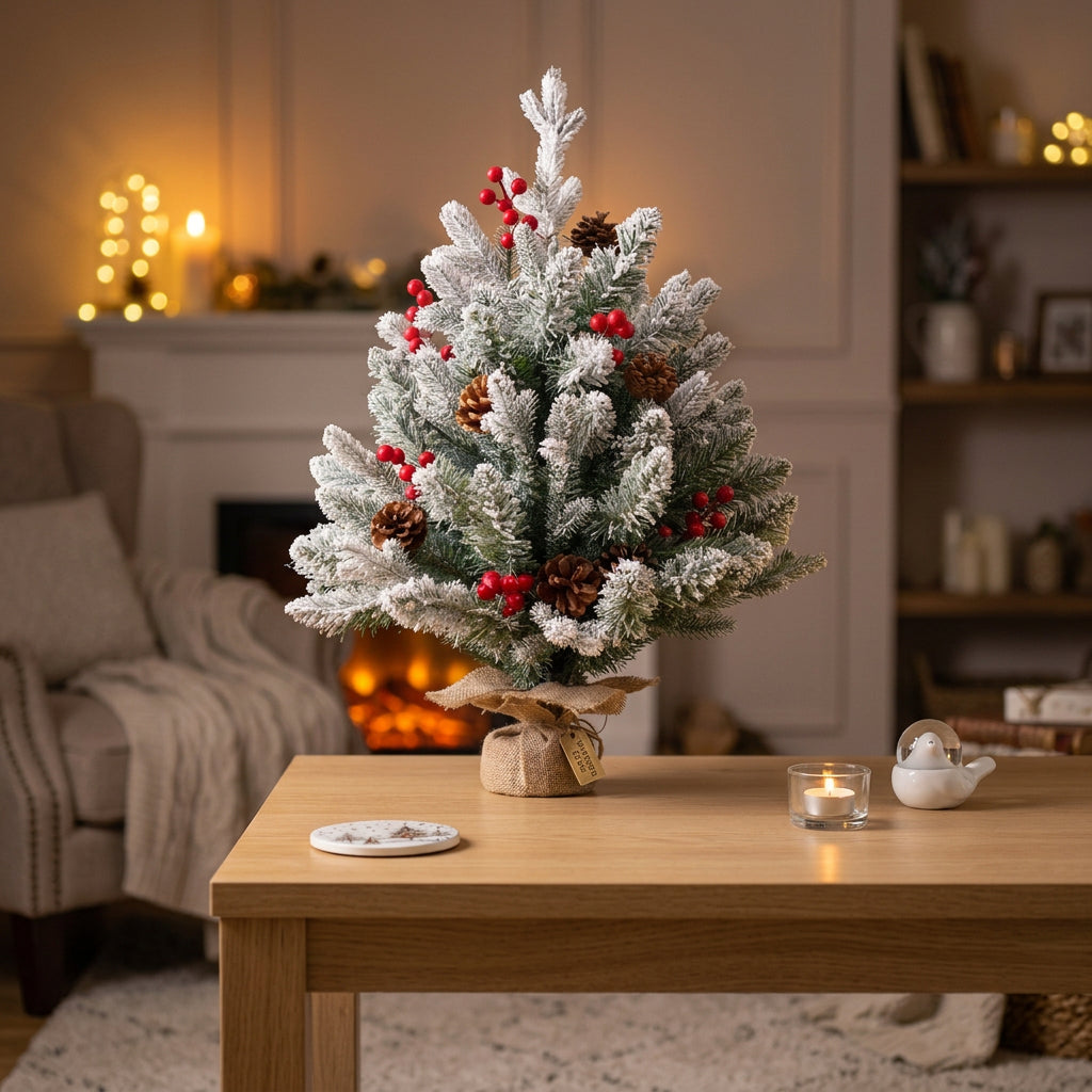 45cm Snow-Covered Christmas Tree Decoration with Wooden Base