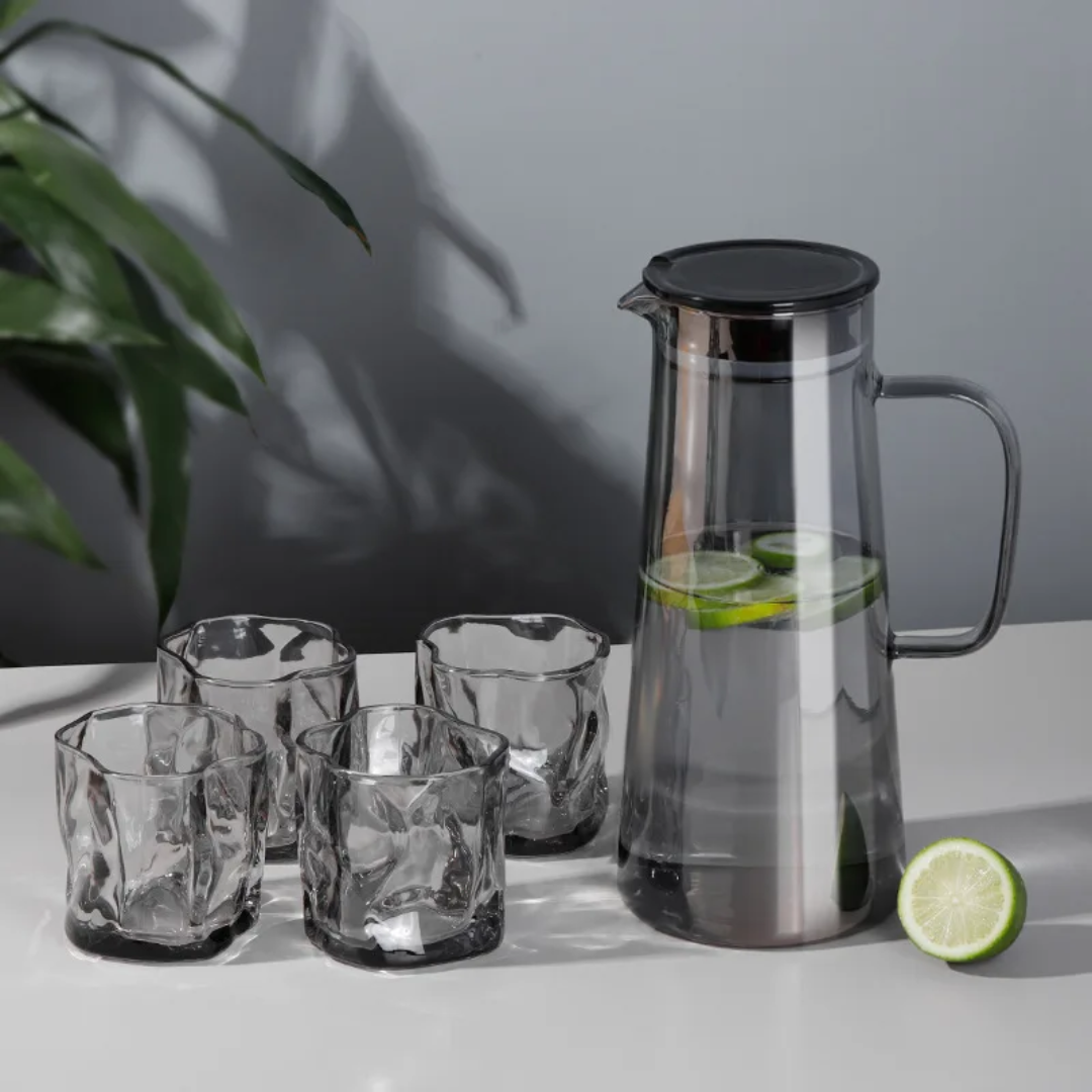 Glass Water Pitcher with Lid + 4 Water Glasses Set