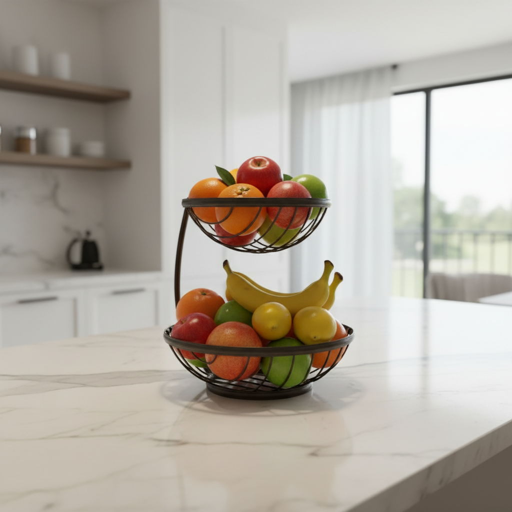 Black metallic 2 tier fruit rack for kitchen storage and organization