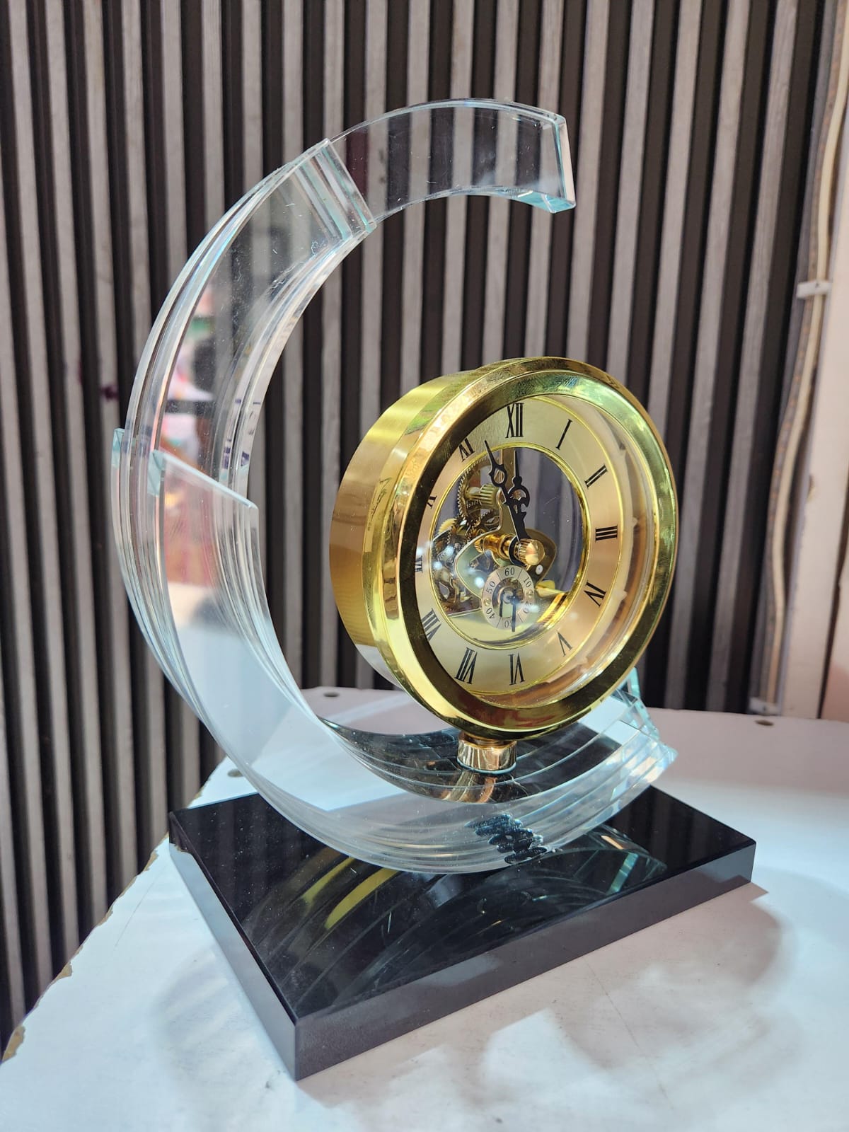Widdop Gold Arch Mantel Clock with Crystal Glass Frame and Skeleton Dial
