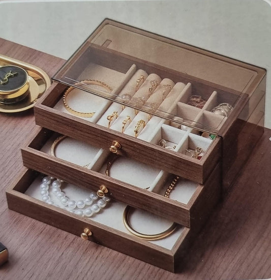 Three layer wood grain jewelry box with elegant finish and organized compartments