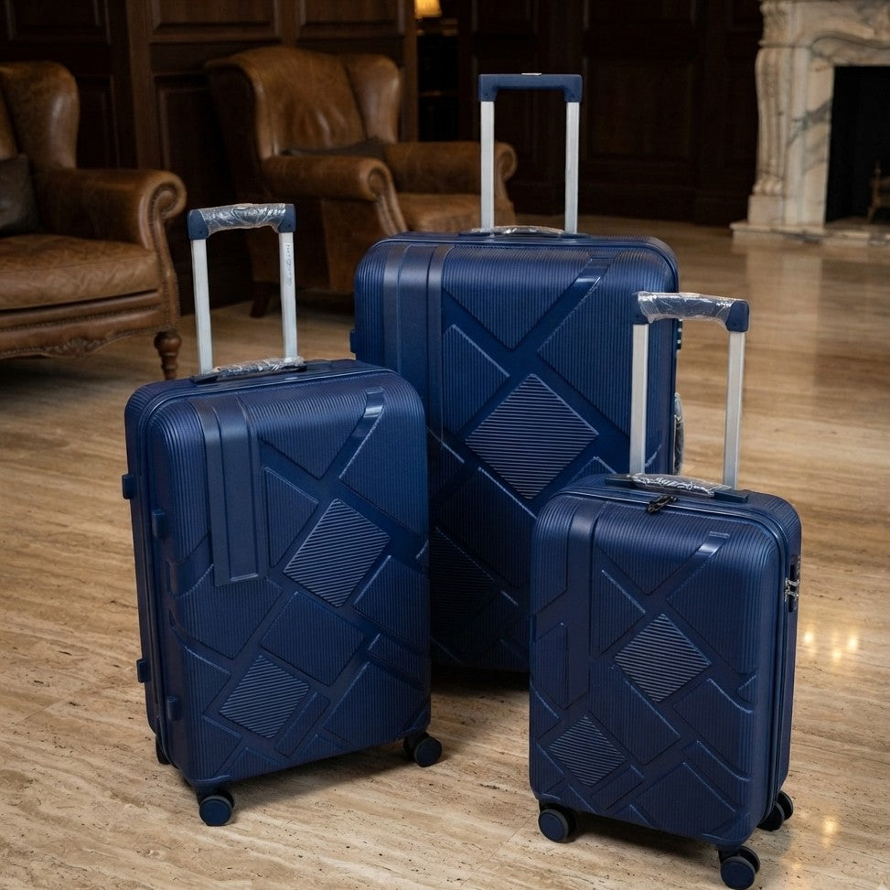 3 piece size 28 suitcase set made from Unicross rubber PP with double anti theft zipper design for travel and luggage storage.