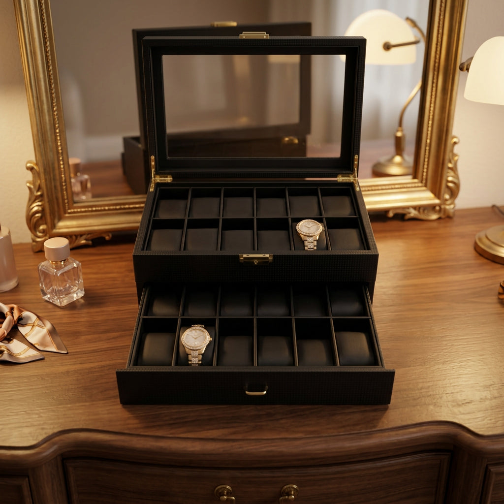 24 Slots Leather Watch Organizer Jewellery Storage Case with Lock