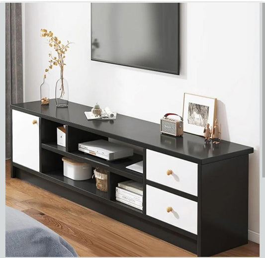 Mini TV cabinet with storage shelves in White and Yellow Oak finish.