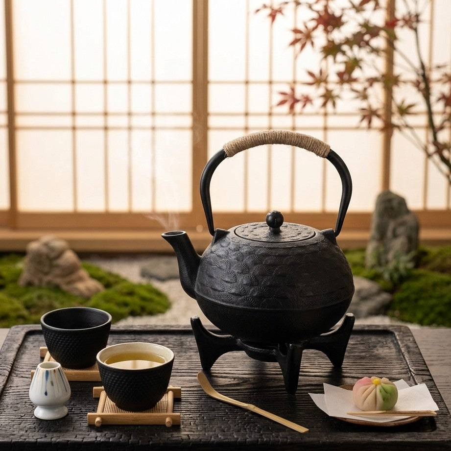 1600 ml Japanese style kettle with matching coaster for serving tea and beverages