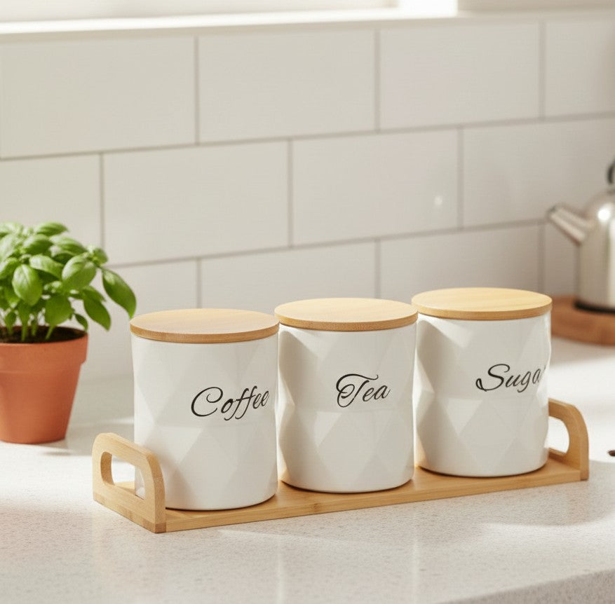 3Pc Ceramic Canisters Set with Bamboo Stand