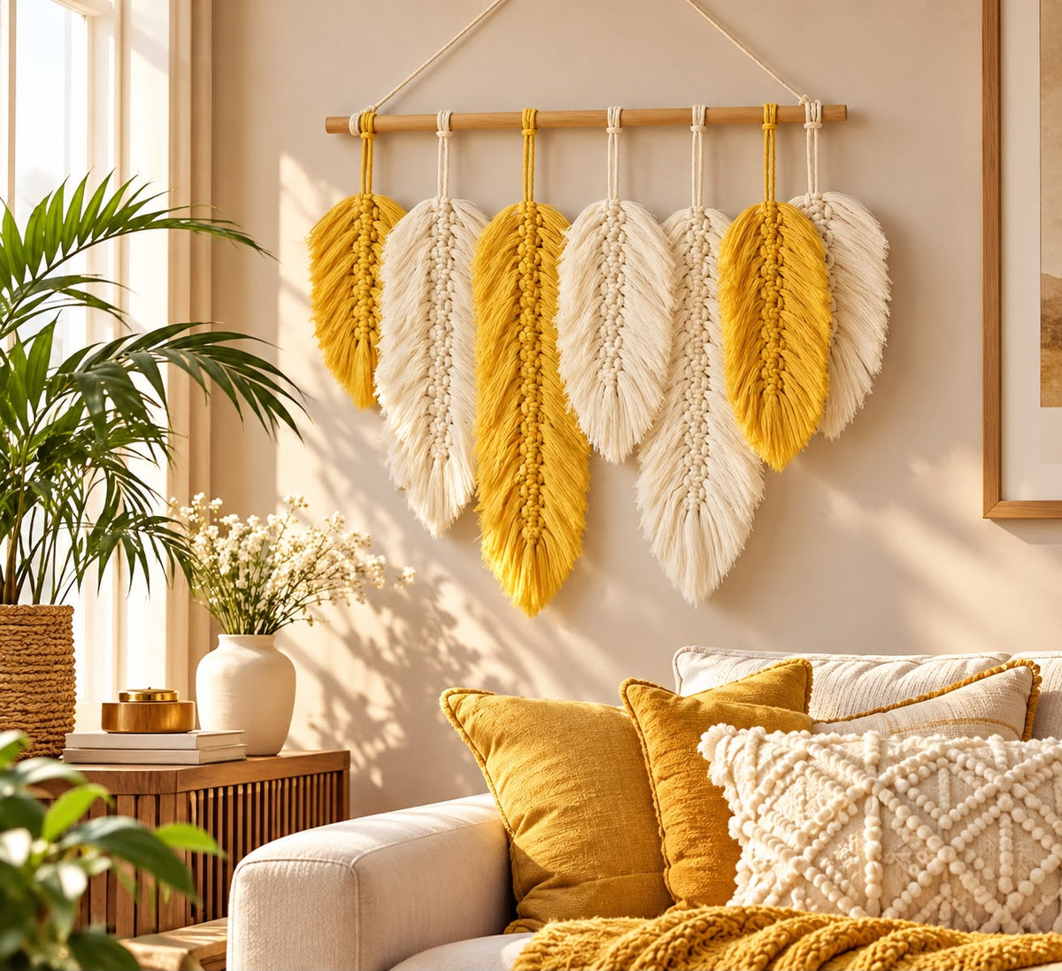 Boho Tassel Wall Hanging with Wooden Beads – Coral Pink, Mustard Yellow and Cream