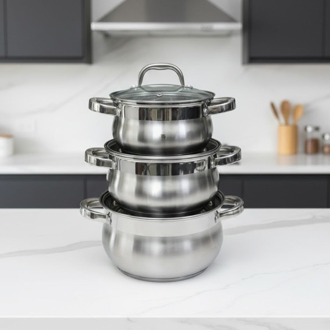 6pcs stainless steel cookware set with tempered glass lids and multi-layered bottoms compatible with all cooktops