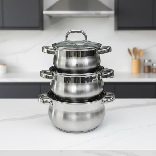 6pcs stainless steel cookware set with tempered glass lids and multi-layered bottoms compatible with all cooktops