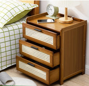 Wooden nightstand end table with three rattan-decorated drawers, size 42×31×50 cm, modern bedroom furniture