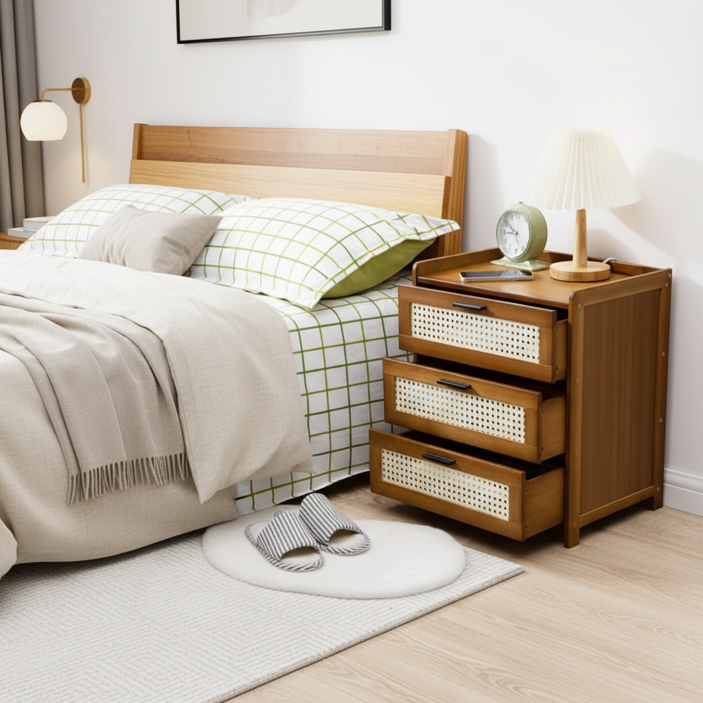 Wooden Night Stand End Table with 3 Rattan-Decorated Drawers