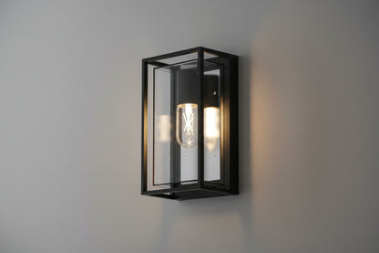 Black outdoor wall light with box frame design, clear glass panels, and E27 holder, IP65 weatherproof fixture