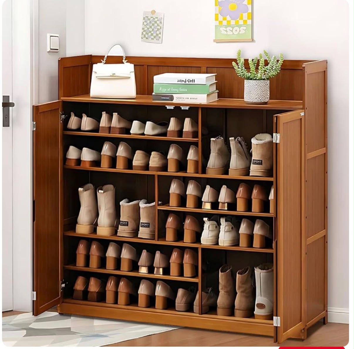 7 layer bamboo shoe cabinet with varied shelf heights and a spacious top shelf, measuring 117 × 33 × 115 cm for organized shoe storage.