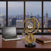 Gold Table Clock with Crystal Sphere and Marble Base