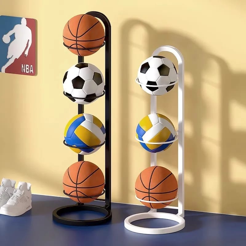 Multi-tier ball storage rack available in 3 tier and 4 tier designs for organising footballs volleyballs basketballs and sports equipment in homes gyms and schools.
