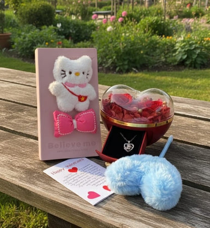 Valentines ladies gift set with I love you in 100 languages gift, fur pen, notebook, gift card and bag
