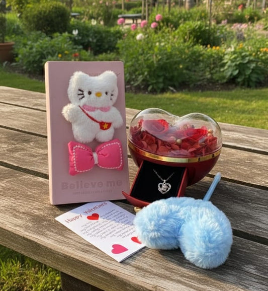 Valentines ladies gift set with I love you in 100 languages gift, fur pen, notebook, gift card and bag