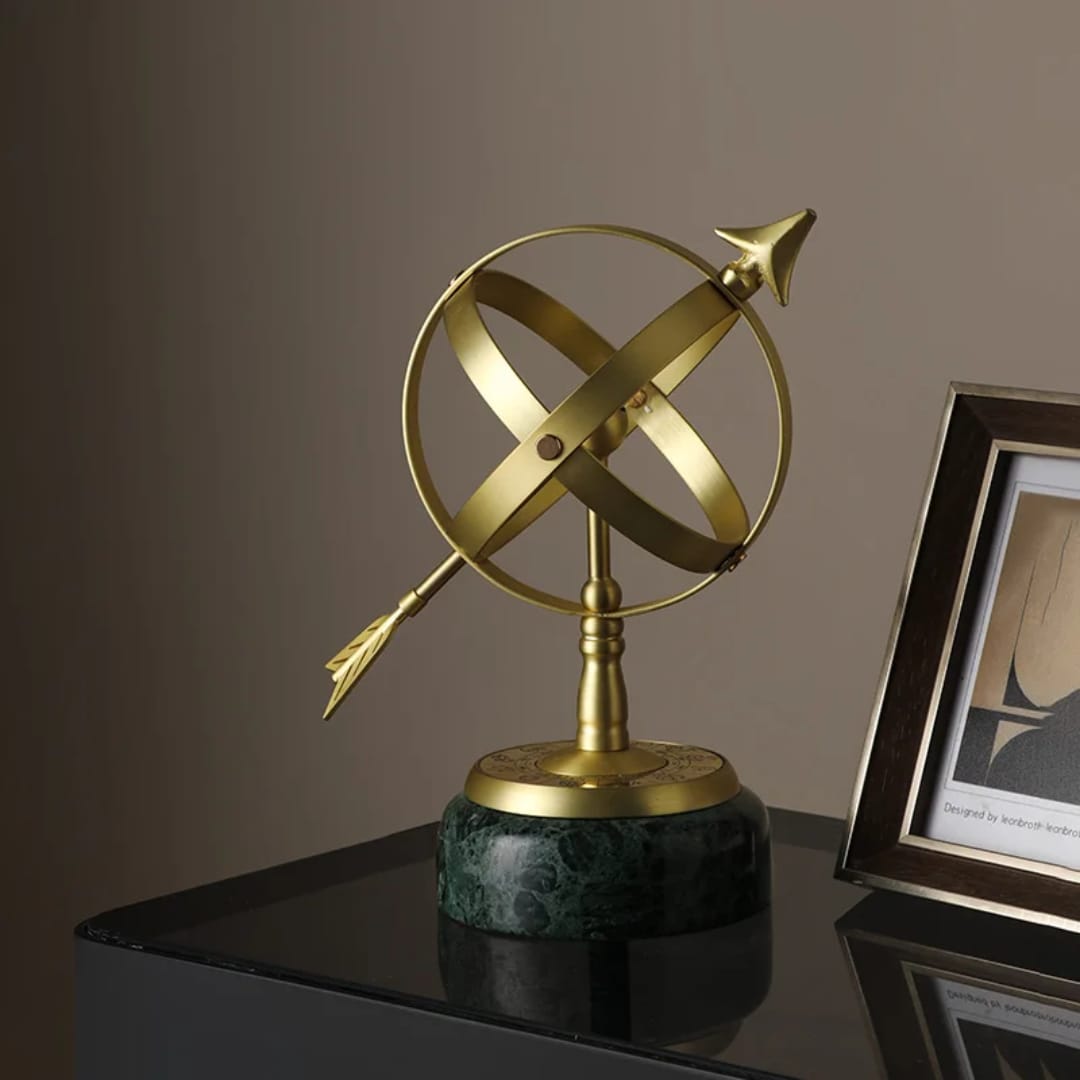 Armillary vintage metal globe with marble base, decorative world globe for home, office, or study.