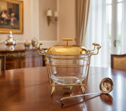 Modern stainless steel tabletop chafing dish food warmer with glass lid and serving spoon