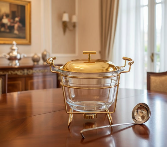 Modern stainless steel tabletop chafing dish food warmer with glass lid and serving spoon
