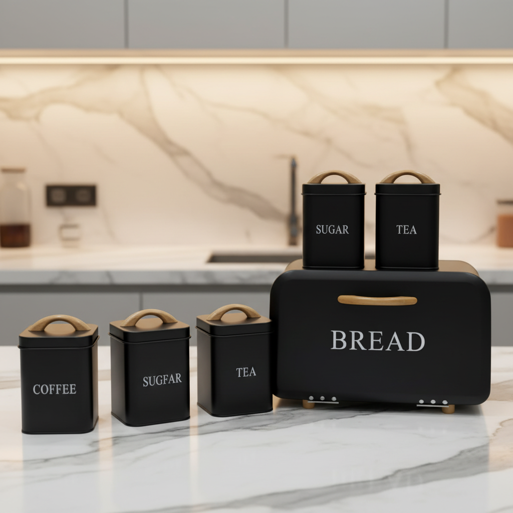 4 Piece Cream Metal Bread Bin and Canister Set