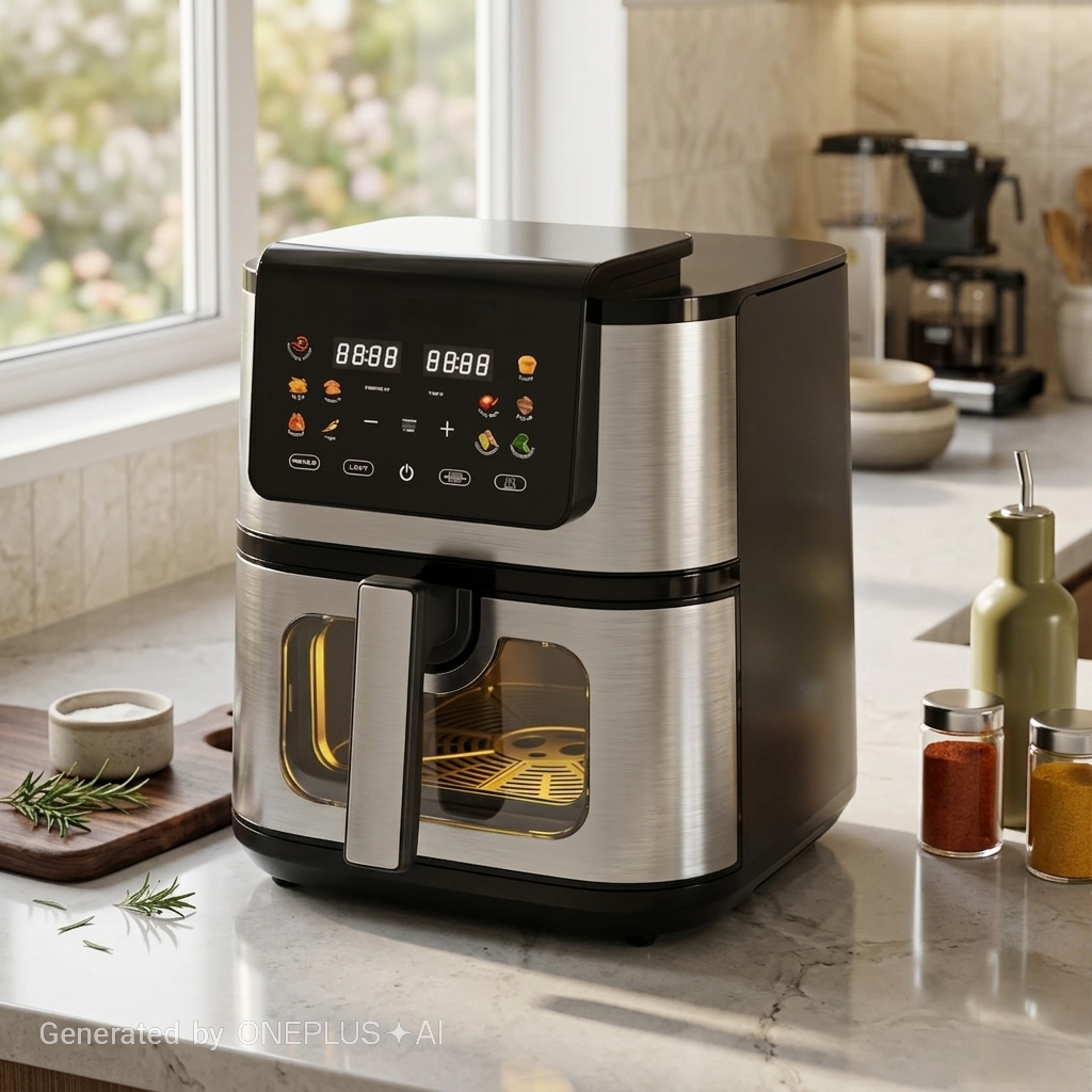 8L Digital air fryer with dual heating and viewing window in black and stainless steel