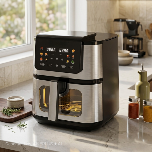 8L Digital air fryer with dual heating and viewing window in black and stainless steel
