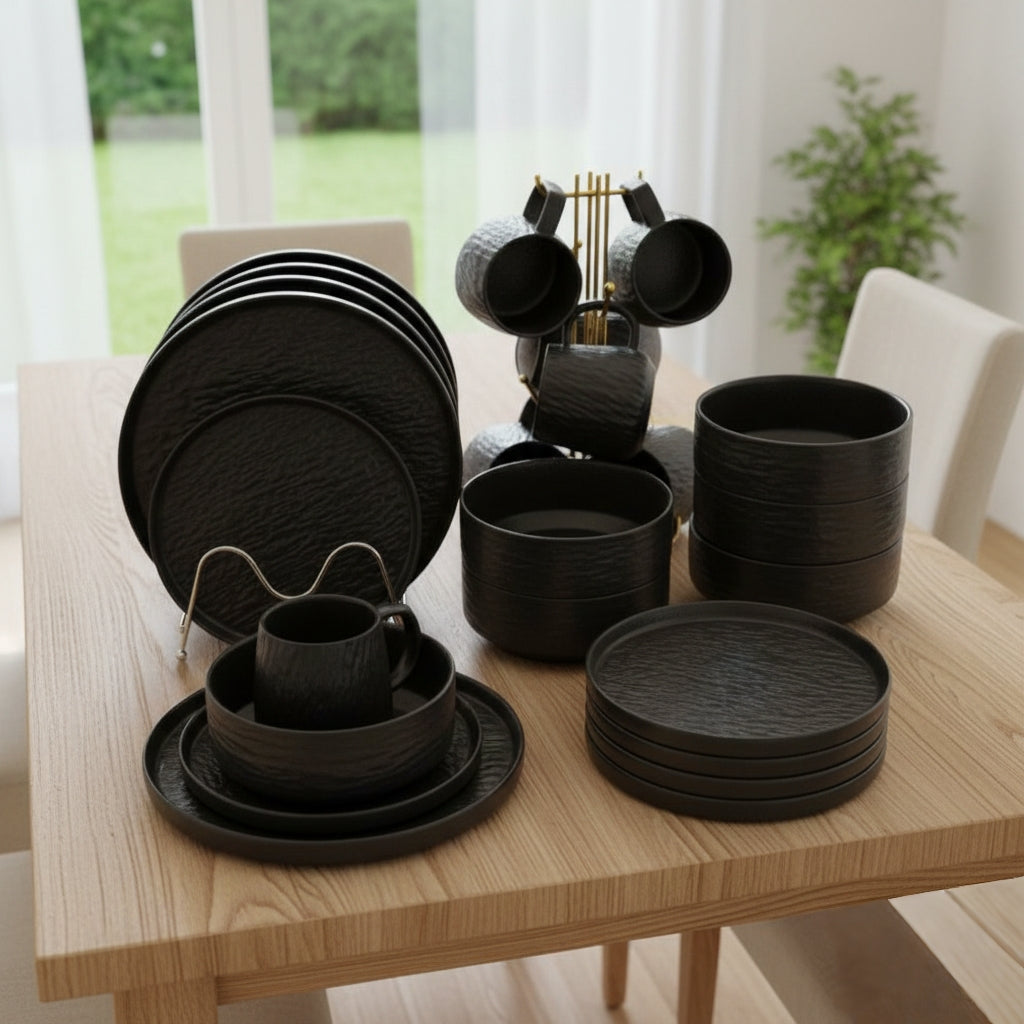 Ceramic 24-piece dinner set with textured modern design
