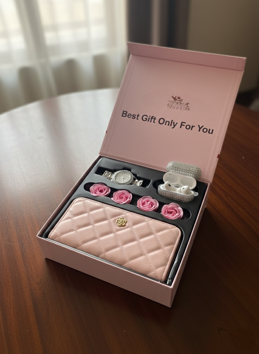 Ladies gift set with earbuds, watch, preserved roses, purse, card, and ribbon gift bag.