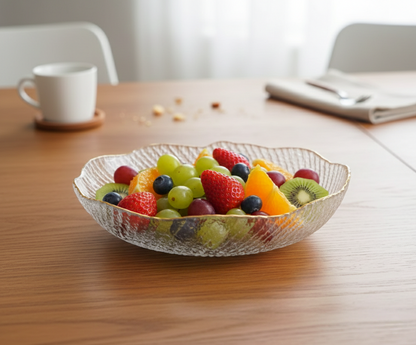 Three-piece glass fruit dish and platter set with stands in assorted sizes