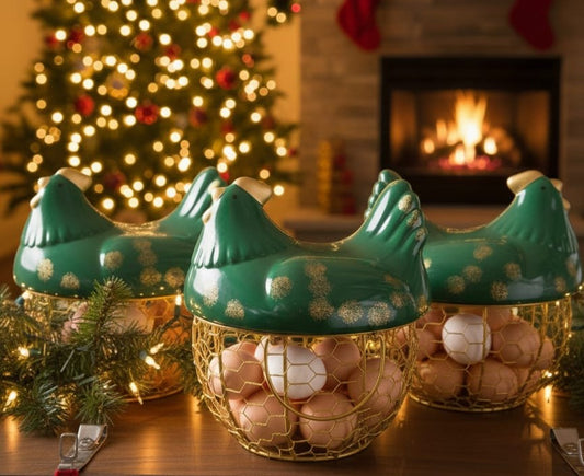 Stainless steel egg basket with ceramic chicken cover in gold and green