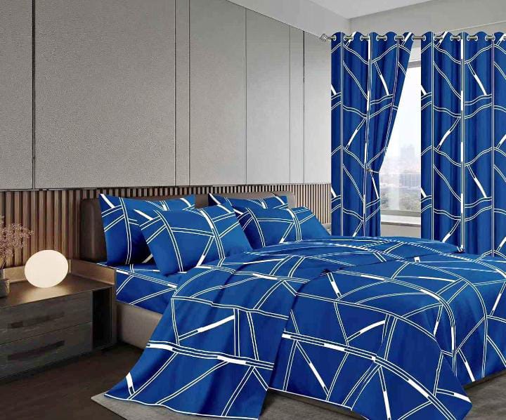 7-pieces duvet and curtain set for 6 by 7 bed with woolen duvet, curtains, sheets, and pillowcases.