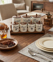 Luxury 8-piece ceramic canister set with airtight bamboo lids and matching tray for stylish kitchen storage.